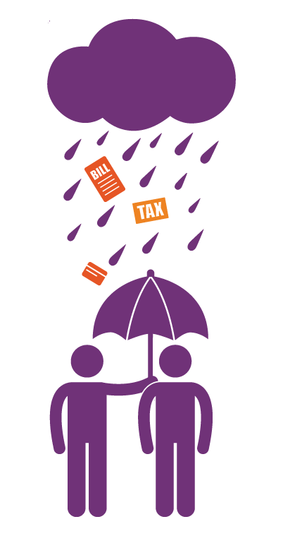 purple icon of two people under an umbrella sheltering them from bills and credit cards